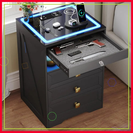 Nightstand with Lockable Gun Drawer, Charging Station