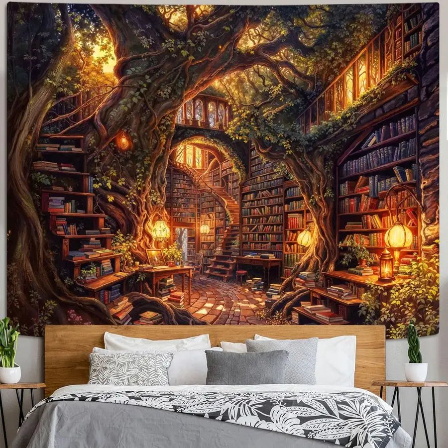 Forest Library Tree Bookshelf Tapestries Wall Hanging