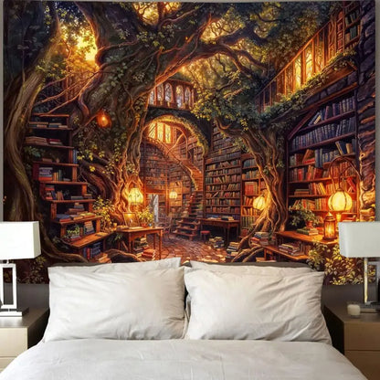 Forest Library Tree Bookshelf Tapestries Wall Hanging
