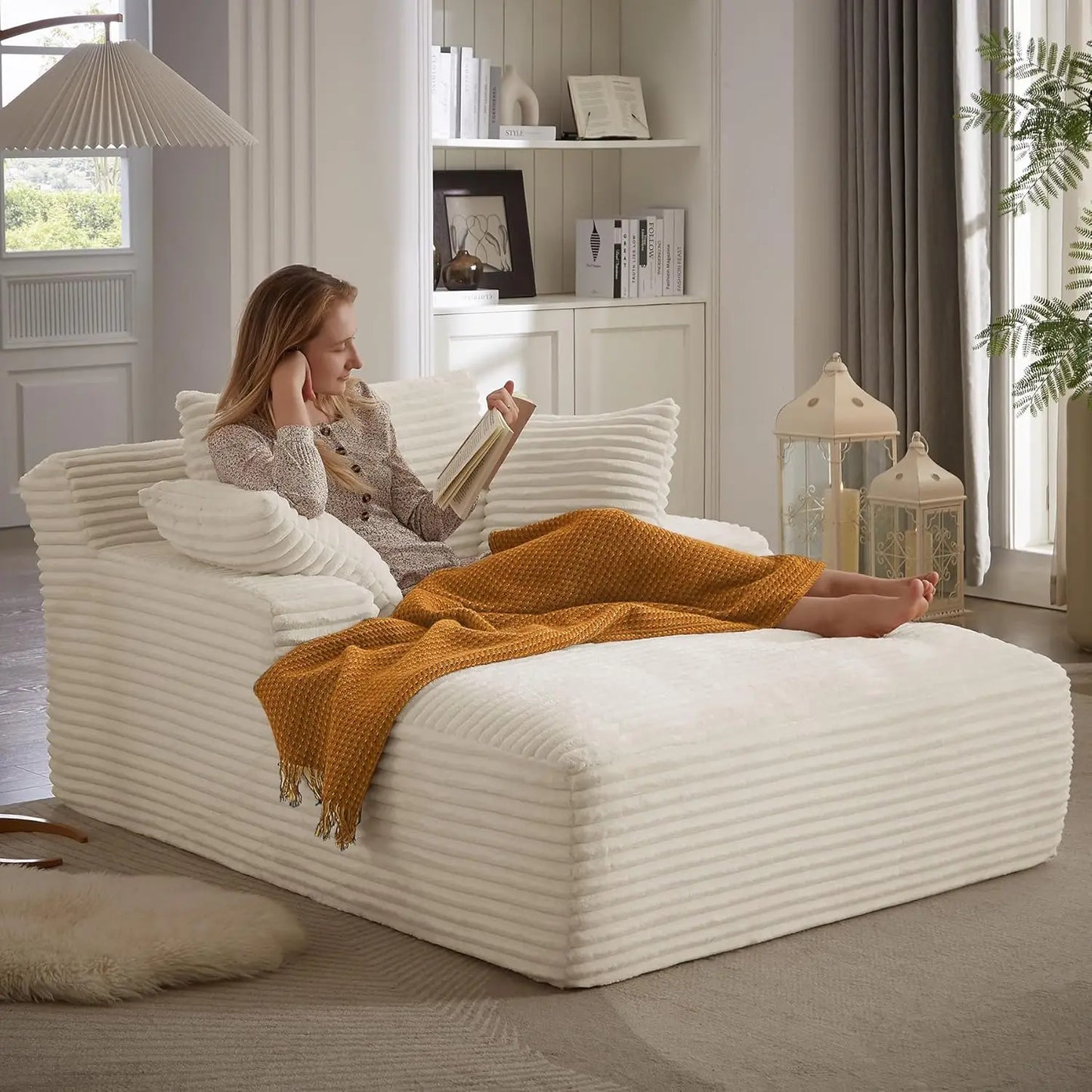 Oversized Chaise Lounge Chair with 3 Comfy Pillows                   for Living Room Bedroom, Wide Arms Corduroy Fabric High-Density
