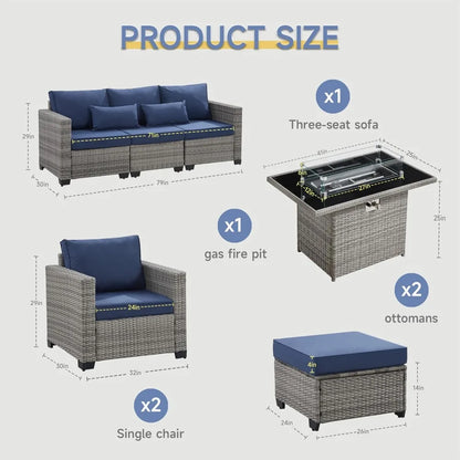 6-Piece Outdoor Rattan Patio Set, Fire Pit