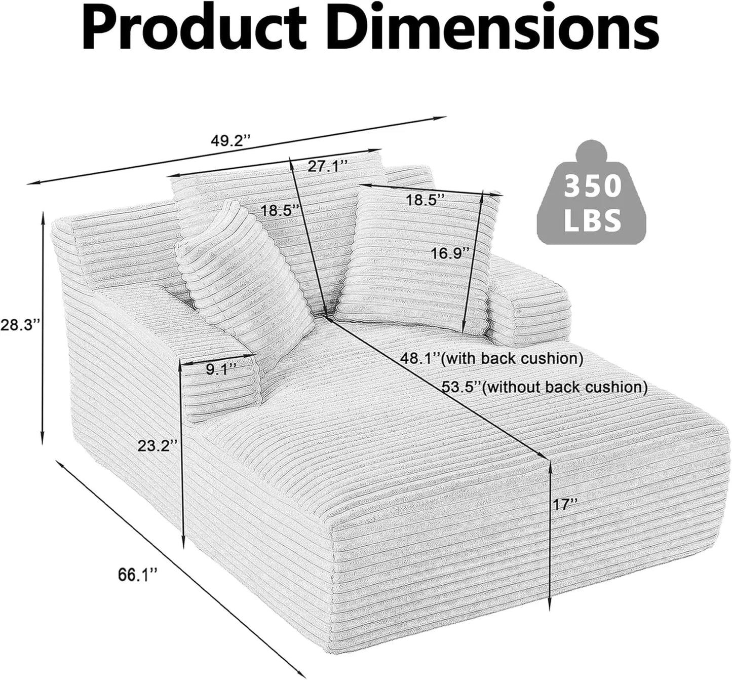Oversized Chaise Lounge Chair with 3 Comfy Pillows                   for Living Room Bedroom, Wide Arms Corduroy Fabric High-Density