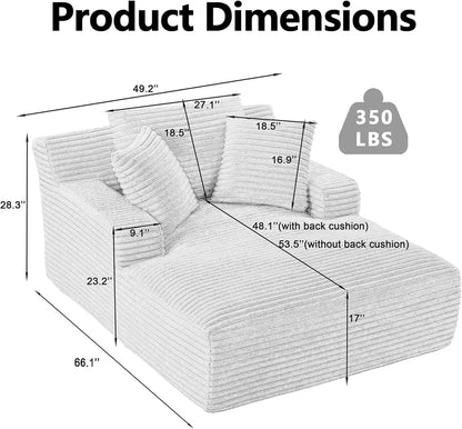 Oversized Chaise Lounge Chair with 3 Comfy Pillows                   for Living Room Bedroom, Wide Arms Corduroy Fabric High-Density
