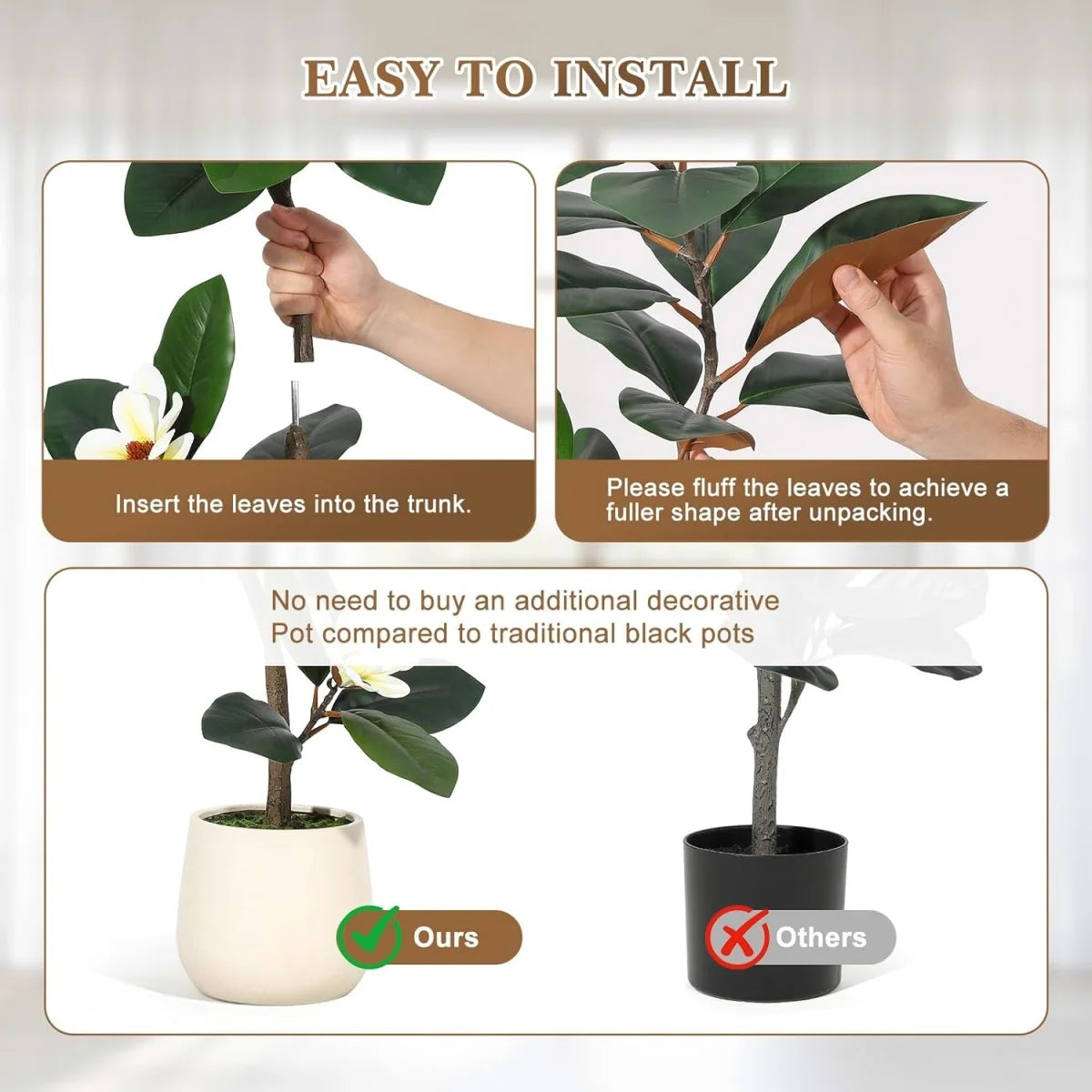 Artificial Magnolia Tree in Planter Pot, Faux