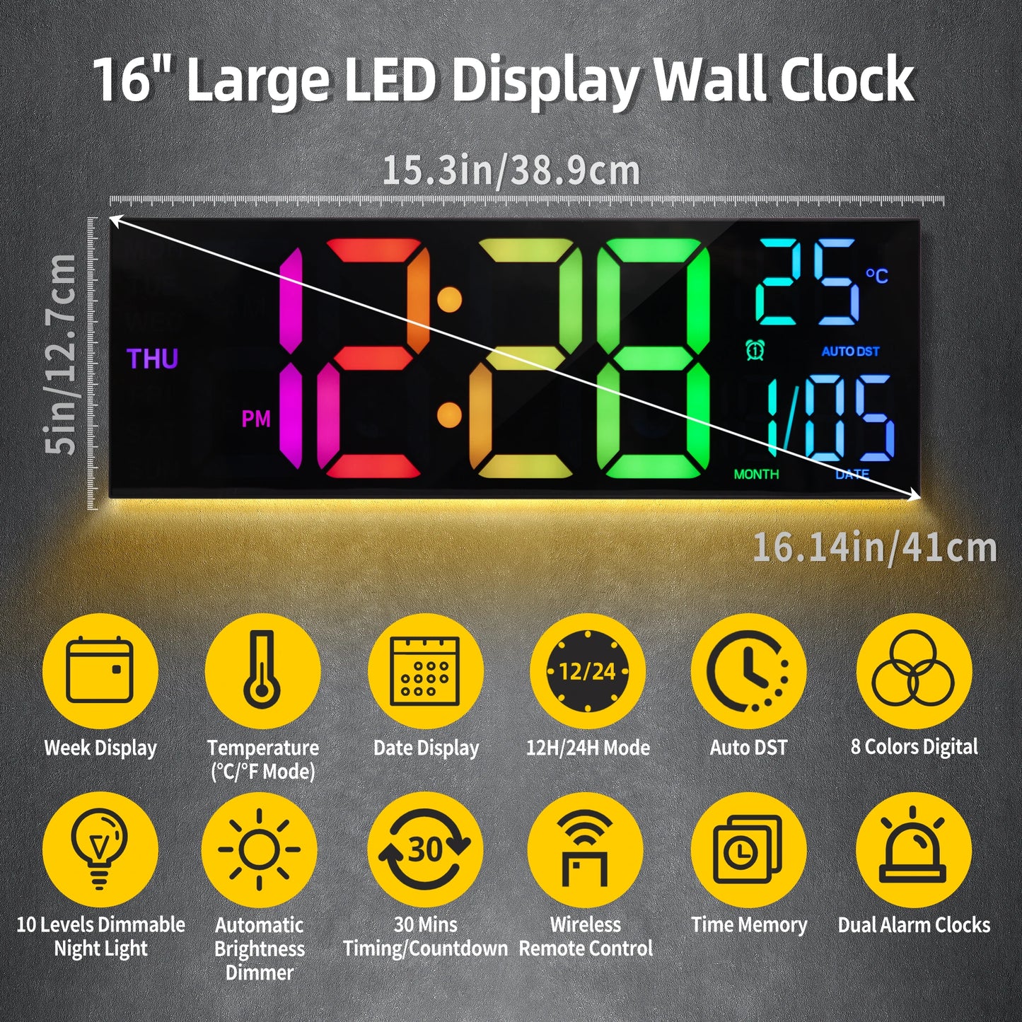 16" Large Digital Wall Clock, LED Display