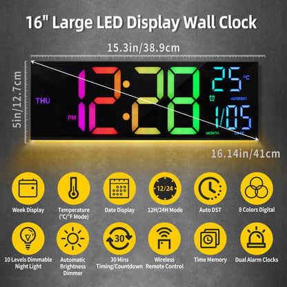 16" Large Digital Wall Clock, LED Display