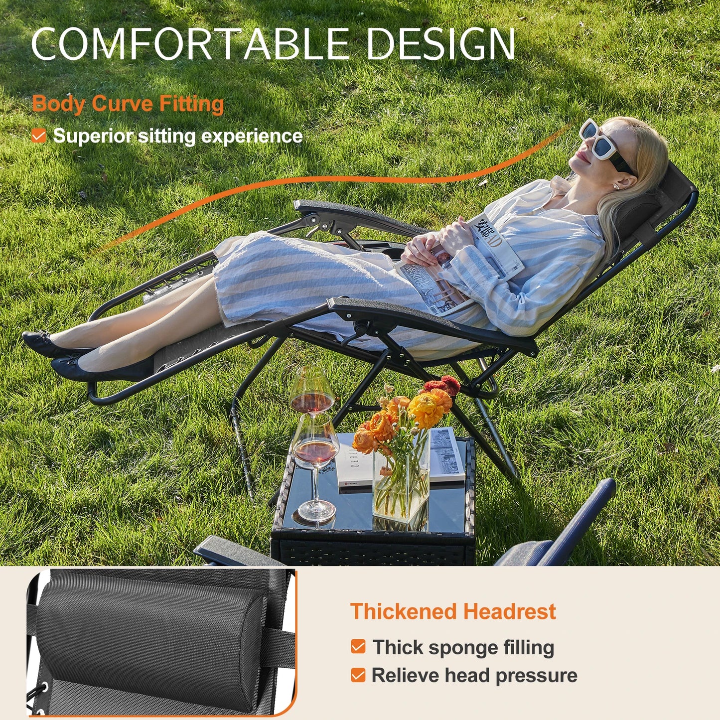 Zero Gravity Portable Recliner Chair Adjustable Pillow