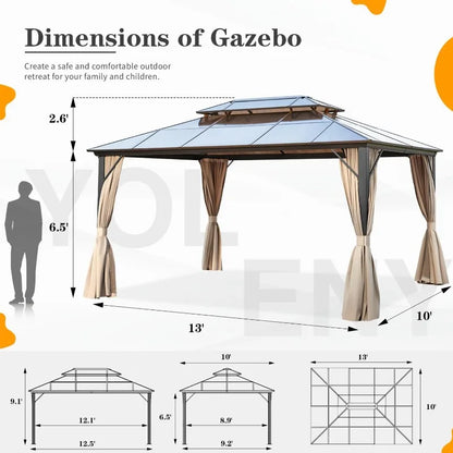 10'x13' Hardtop Gazebo, Polycarbonate Double Roof Canopy,