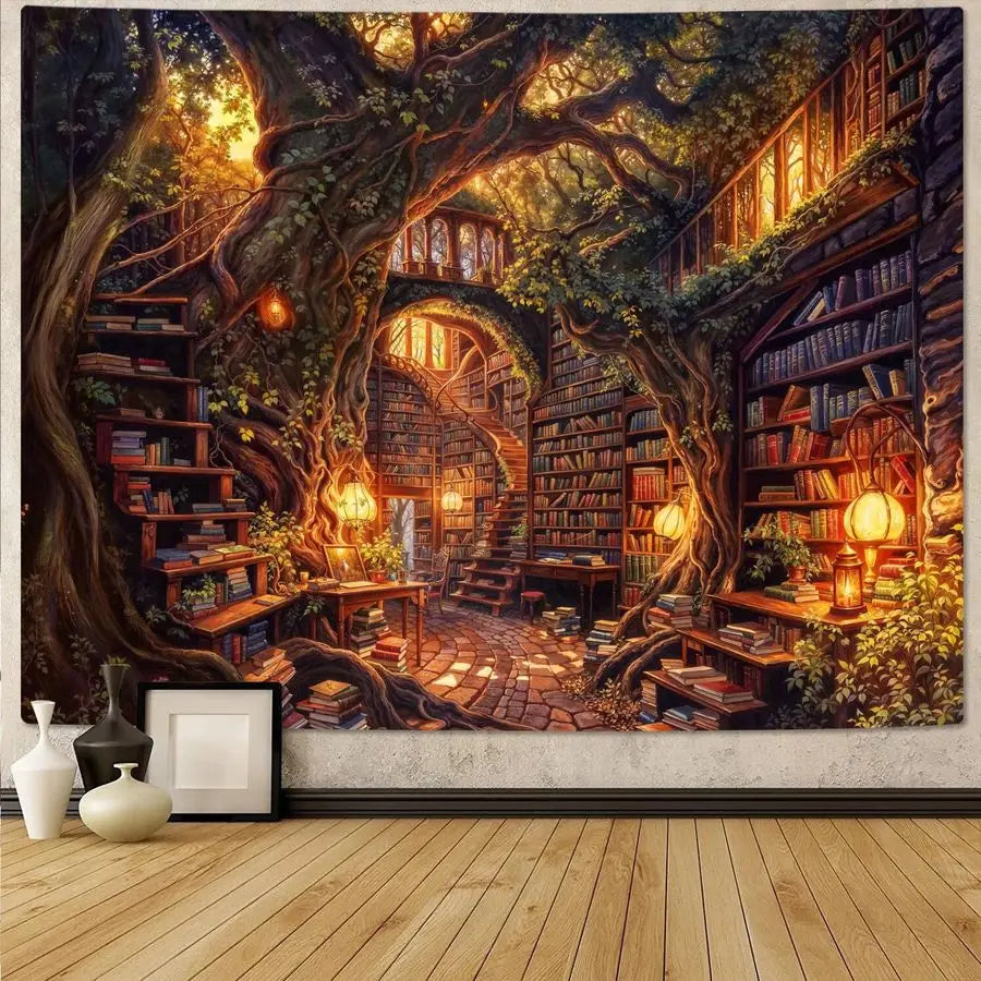 Wall Tree Library Forest Library Tree Bookshelf Tapestries Wall Hanging ...