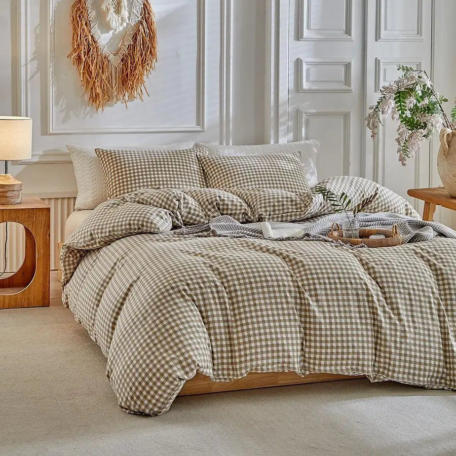 Grid Queen Duvet Cover Set Tan Gingham