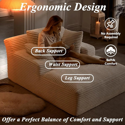 Oversized Chaise Lounge Chair with 3 Comfy Pillows                   for Living Room Bedroom, Wide Arms Corduroy Fabric High-Density