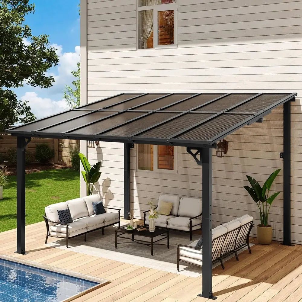 Outdoor Pavilion with Sloping Roof                and Heavy-Duty Wall-Mounted Canopies for Backyard Decks and Patios