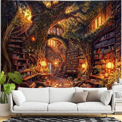 Forest Library Tree Bookshelf Tapestries Wall Hanging