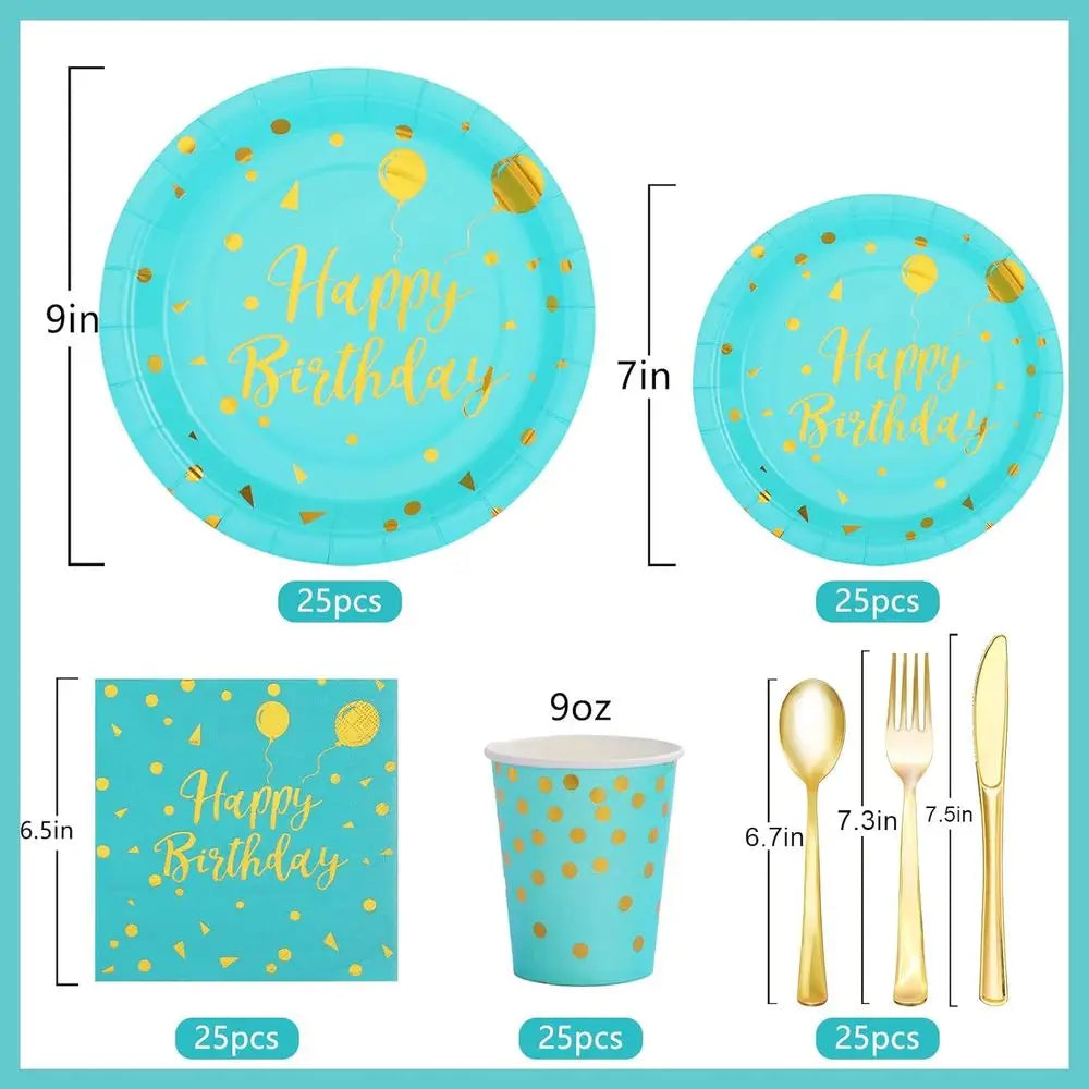 175 PCS Teal and Gold Birthday Supplies