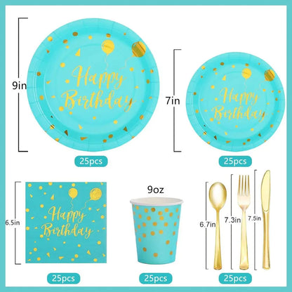 175 PCS Teal and Gold Birthday Supplies