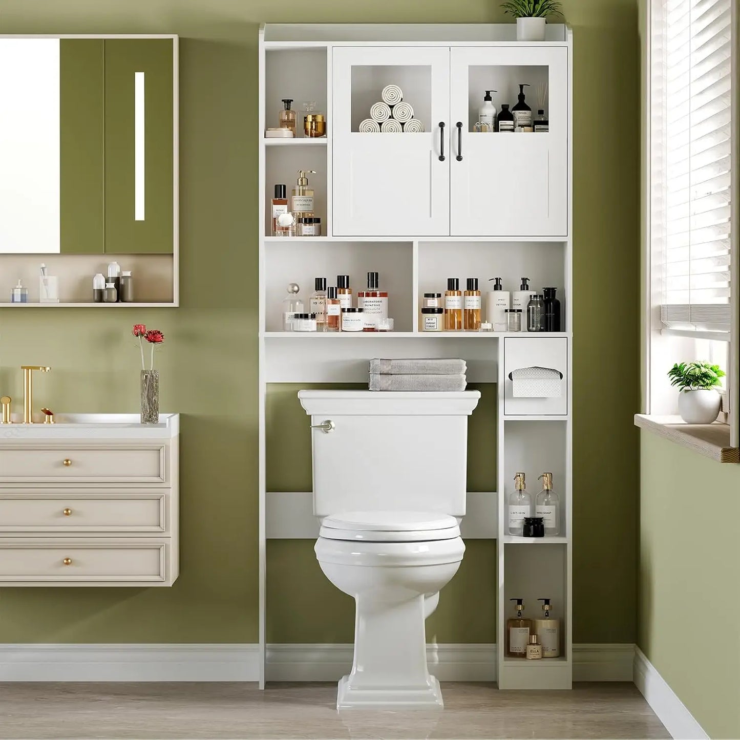 Over Toilet Storage Cabinet With Glass Door,