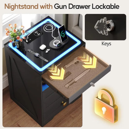 Nightstand with Lockable Gun Drawer, Charging Station