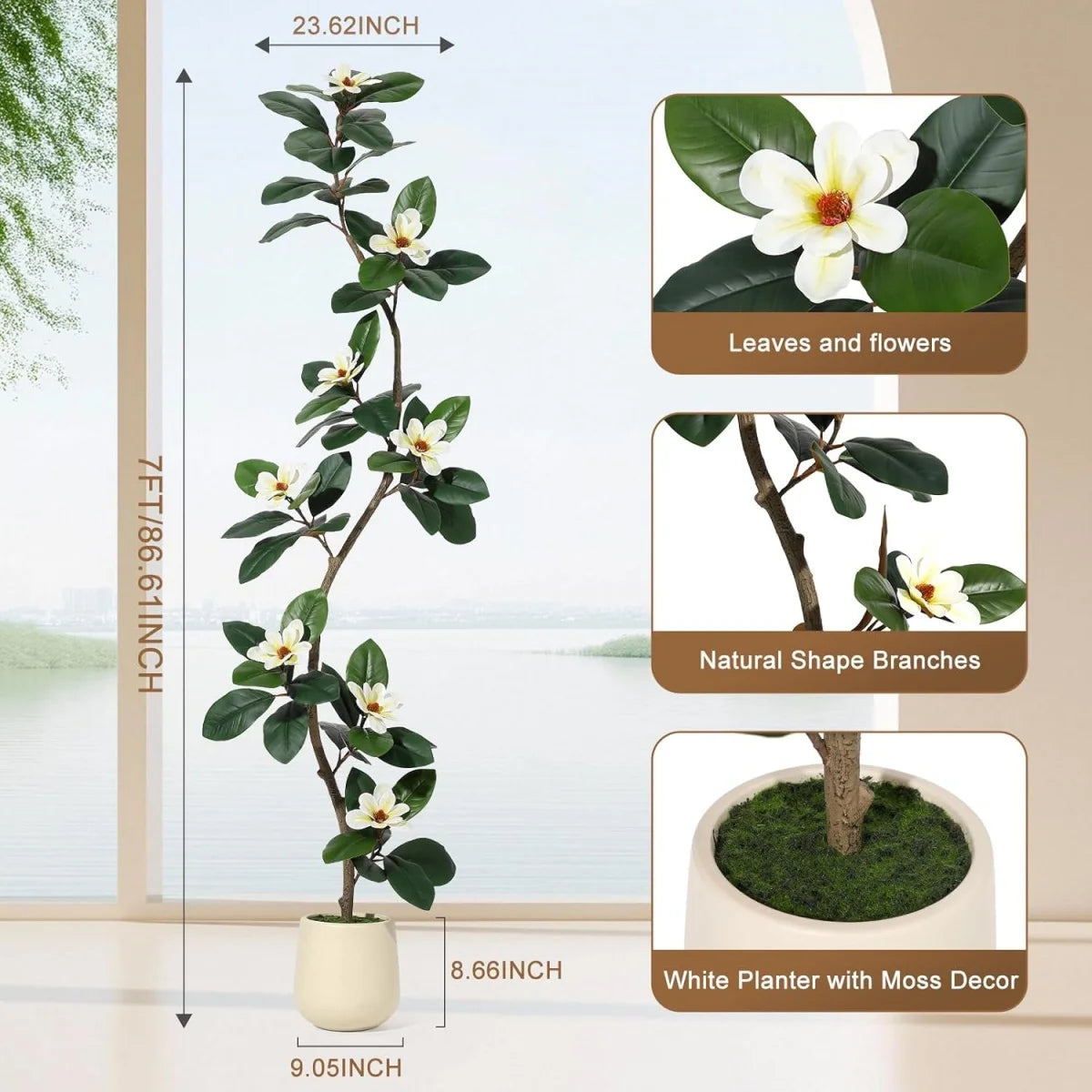 Artificial Magnolia Tree in Planter Pot, Faux