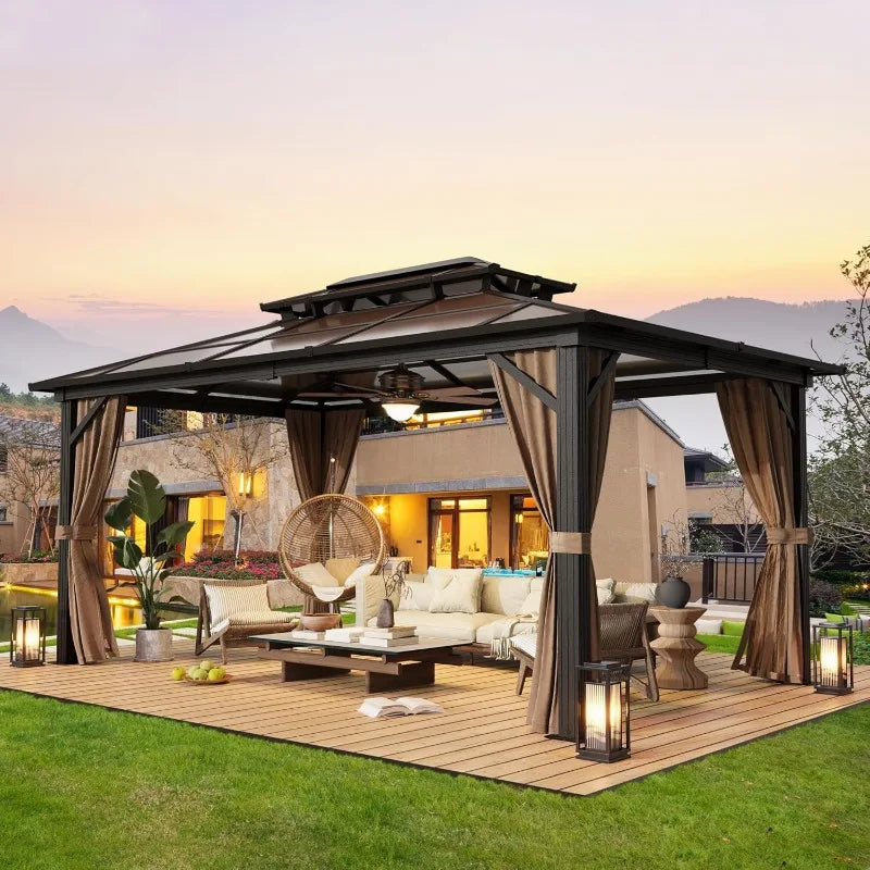 10'x13' Hardtop Gazebo, Polycarbonate Double Roof Canopy,