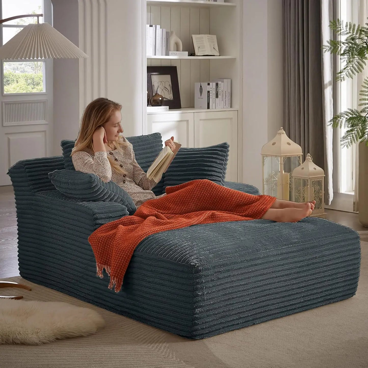 Oversized Chaise Lounge Chair with 3 Comfy Pillows                   for Living Room Bedroom, Wide Arms Corduroy Fabric High-Density
