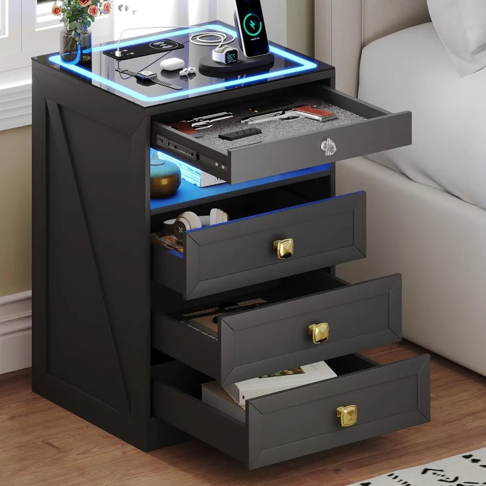 Nightstand with Lockable Gun Drawer, Charging Station