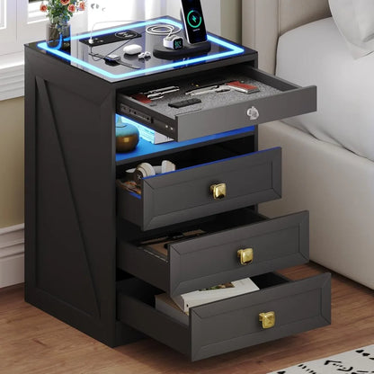 Nightstand with Lockable Gun Drawer, Charging Station