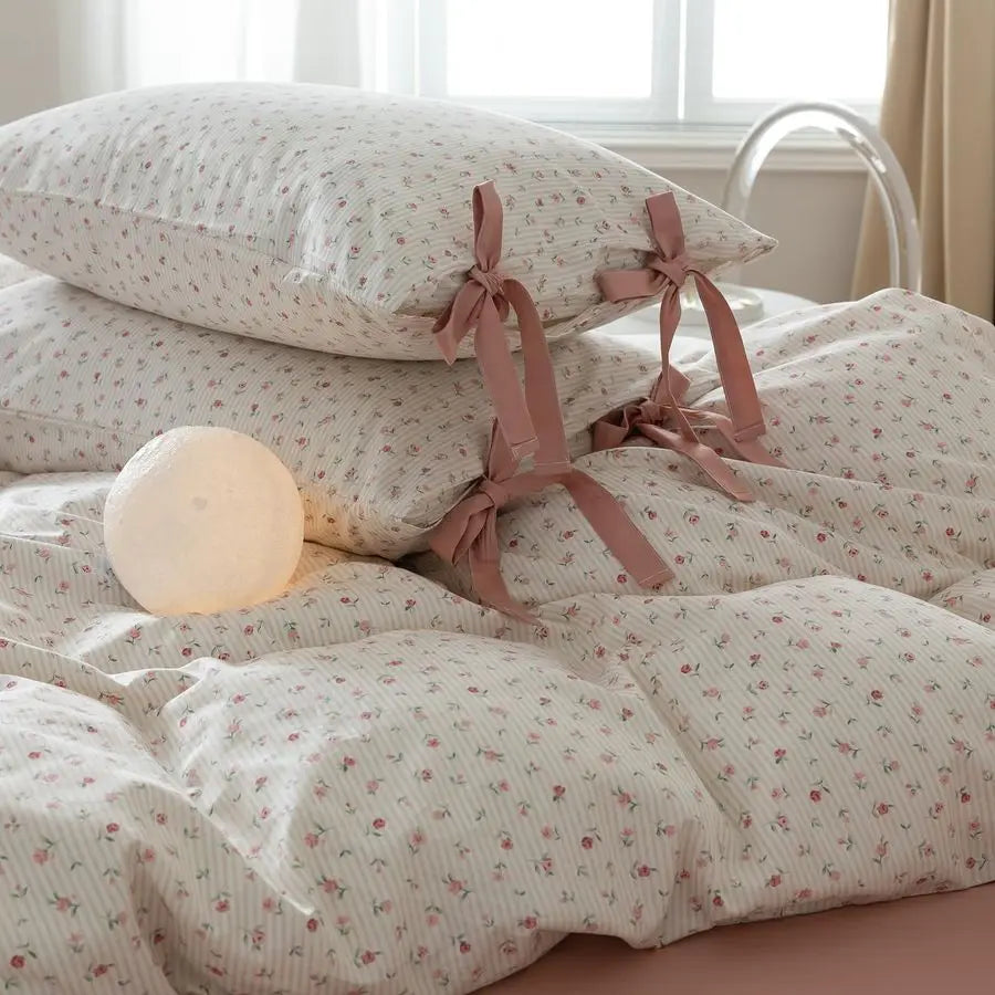 Pink Flower Stripes Duvet Cover Set Twin