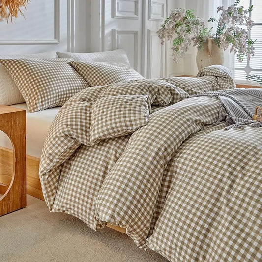 Grid Queen Duvet Cover Set Tan Gingham