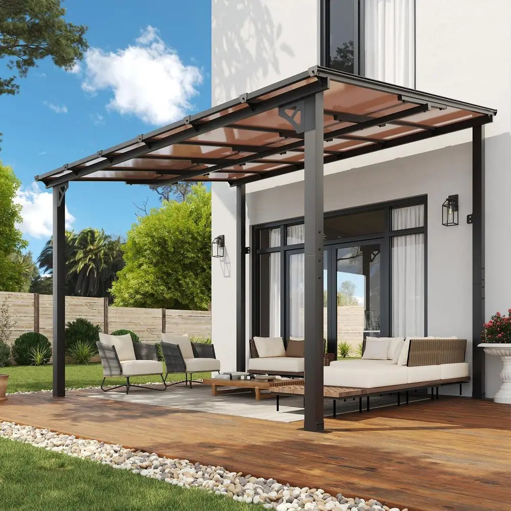 Outdoor Pavilion with Sloping Roof                and Heavy-Duty Wall-Mounted Canopies for Backyard Decks and Patios