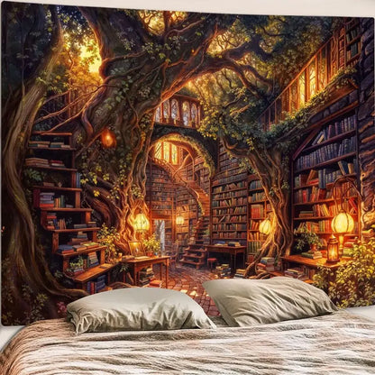 Forest Library Tree Bookshelf Tapestries Wall Hanging