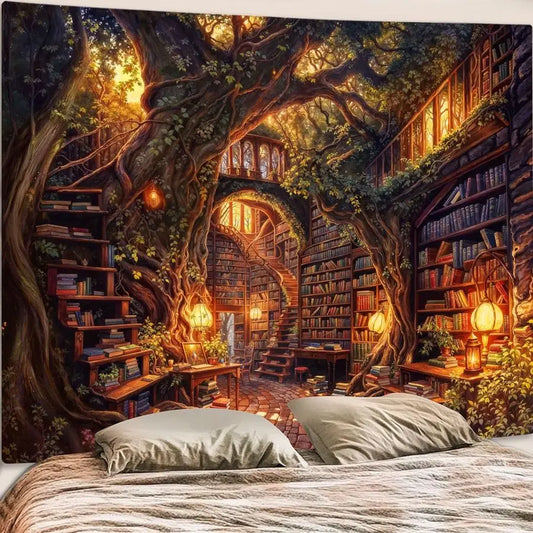 Forest Library Tree Bookshelf Tapestries Wall Hanging