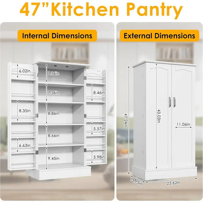 White Freestanding Kitchen Pantry Cabinet with Doors