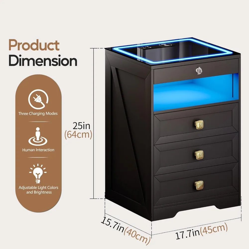 Nightstand with Lockable Gun Drawer, Charging Station