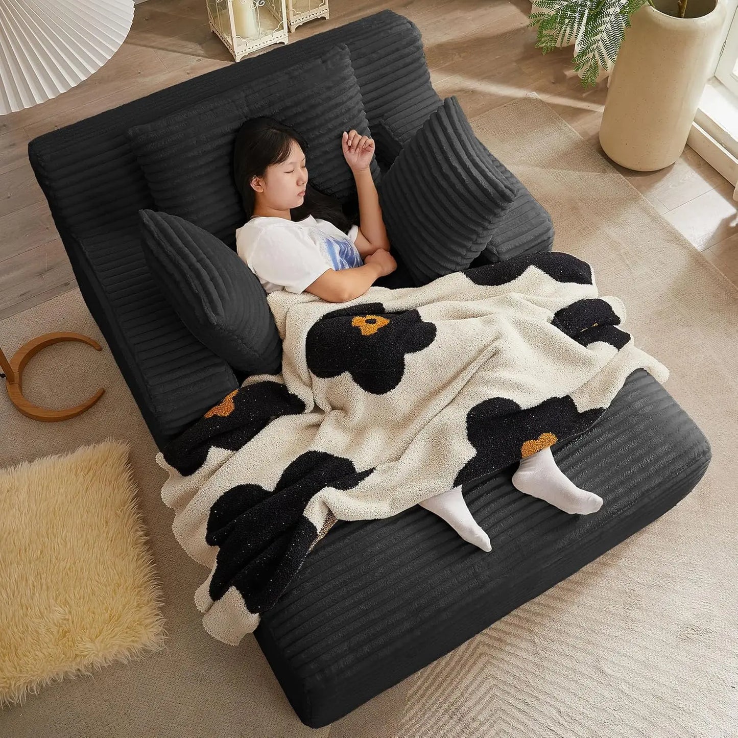 Oversized Chaise Lounge Chair with 3 Comfy Pillows                   for Living Room Bedroom, Wide Arms Corduroy Fabric High-Density