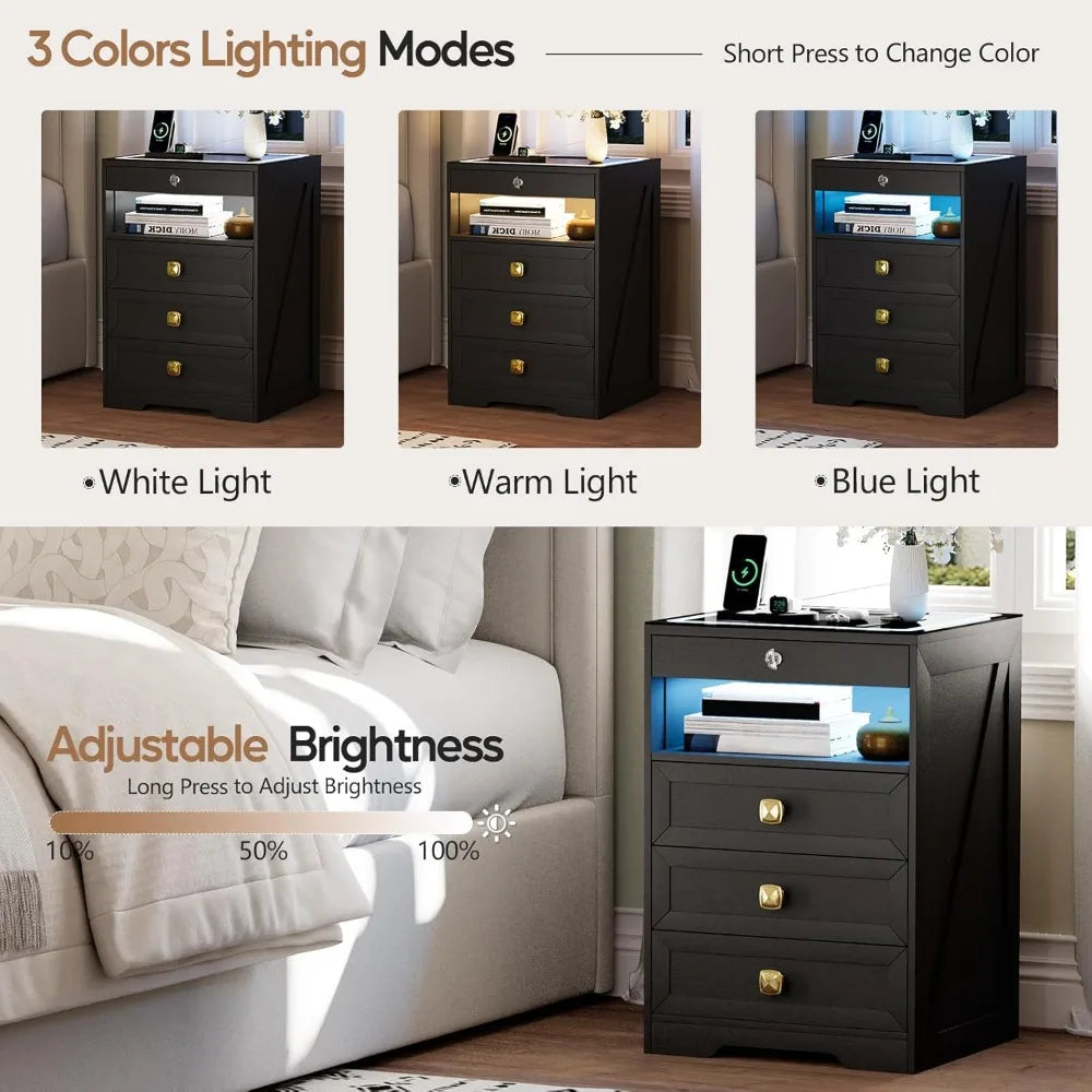 Nightstand with Lockable Gun Drawer, Charging Station