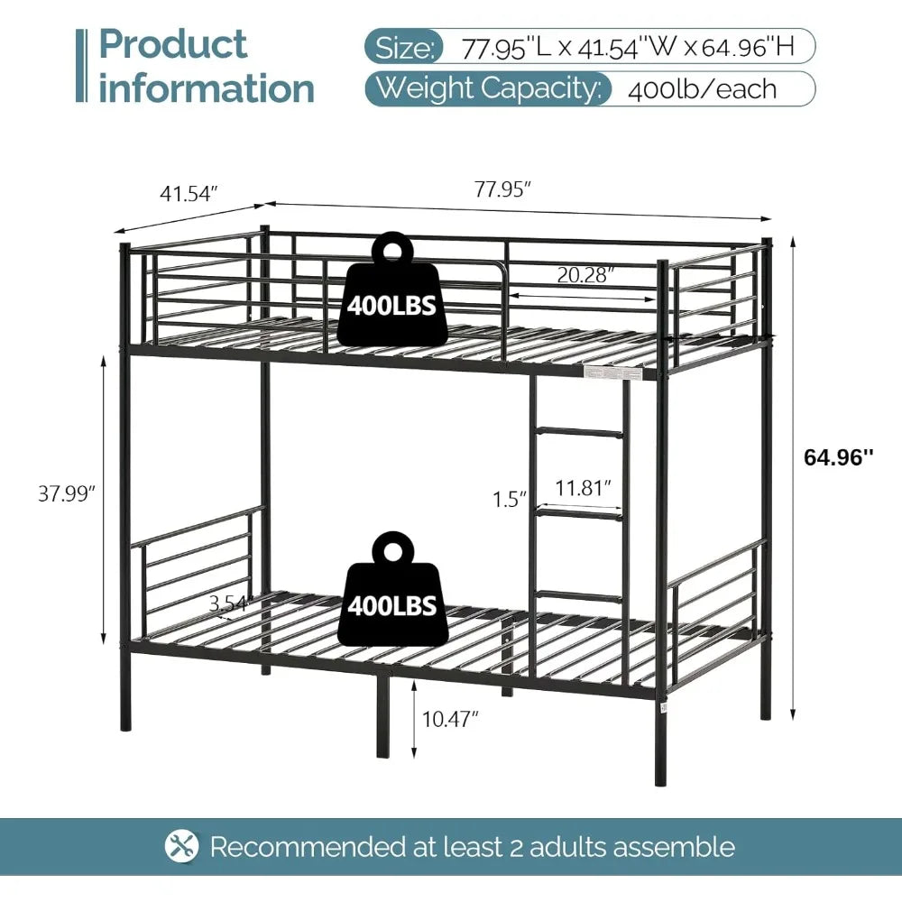 Bunk Bed for Kids/Teens/Adults                       Heavy Duty 2 Decker Bed with Flat Ladder and 13 inches High Guardrail,