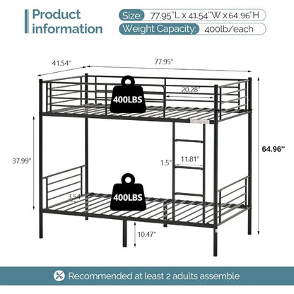 Bunk Bed for Kids/Teens/Adults                       Heavy Duty 2 Decker Bed with Flat Ladder and 13 inches High Guardrail,