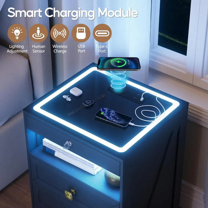 Nightstand with Lockable Gun Drawer, Charging Station