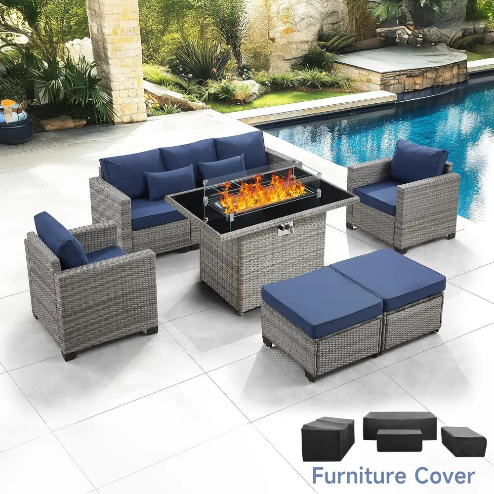6-Piece Outdoor Rattan Patio Set, Fire Pit