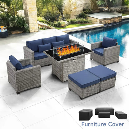 6-Piece Outdoor Rattan Patio Set, Fire Pit