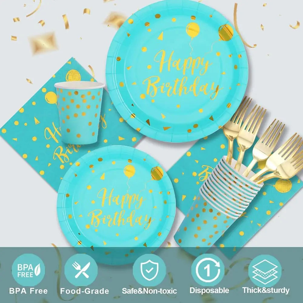 175 PCS Teal and Gold Birthday Supplies