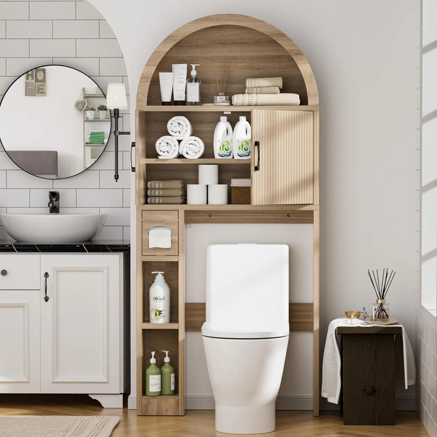 Over Toilet Storage Cabinet Bathroom Shelf Organizer Freestanding Arch Design with Paper Holder Anti-Tip Wood, Customized