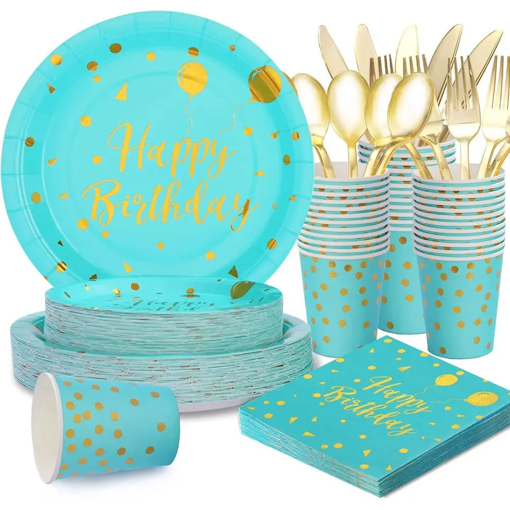 175 PCS Teal and Gold Birthday Supplies