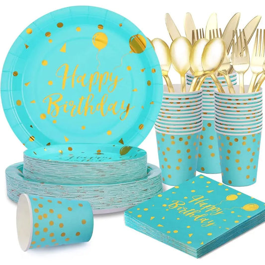 175 PCS Teal and Gold Birthday Supplies
