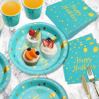 175 PCS Teal and Gold Birthday Supplies