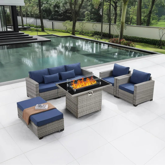 6-Piece Outdoor Rattan Patio Set, Fire Pit